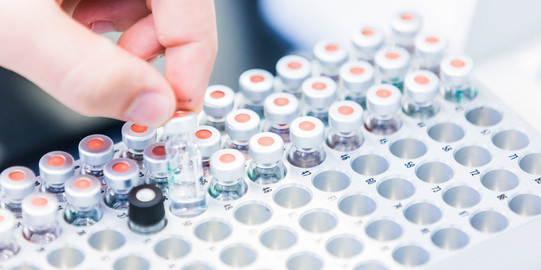 Several sample vessels in a container in the laboratory.